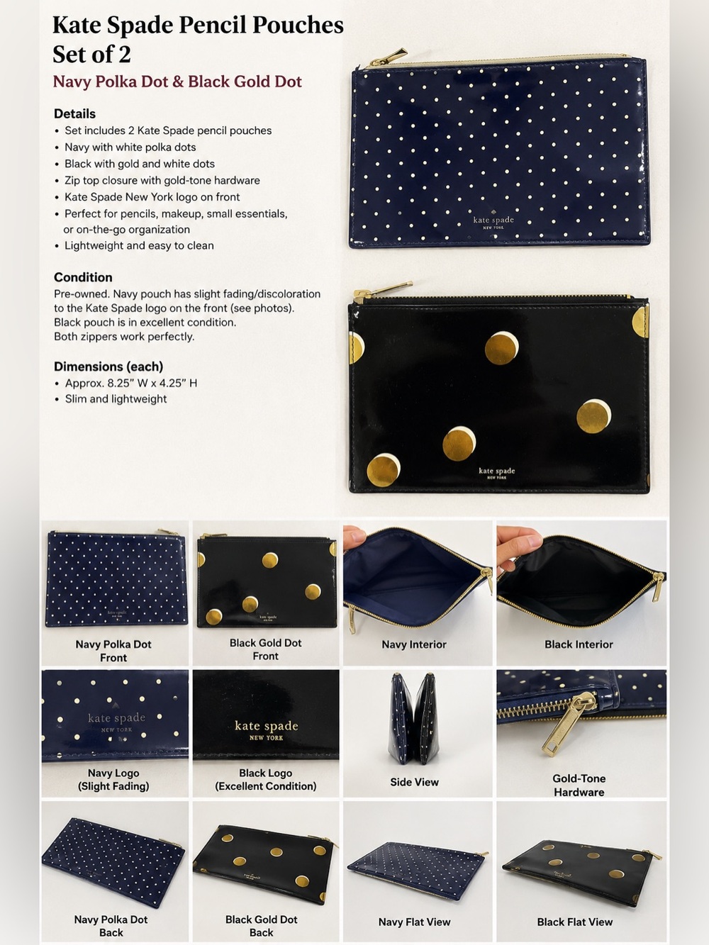 kate spade Navy & Black Polka Dot Zip Pencil Pouches